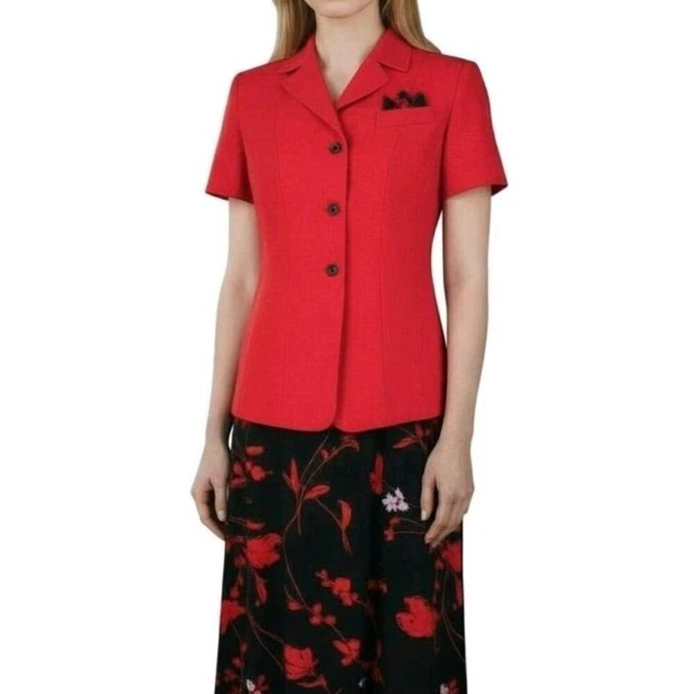 Studio I Maxi Dress Suit 6 Red Black Floral Short Sleeve Jacket 14" Side Slits